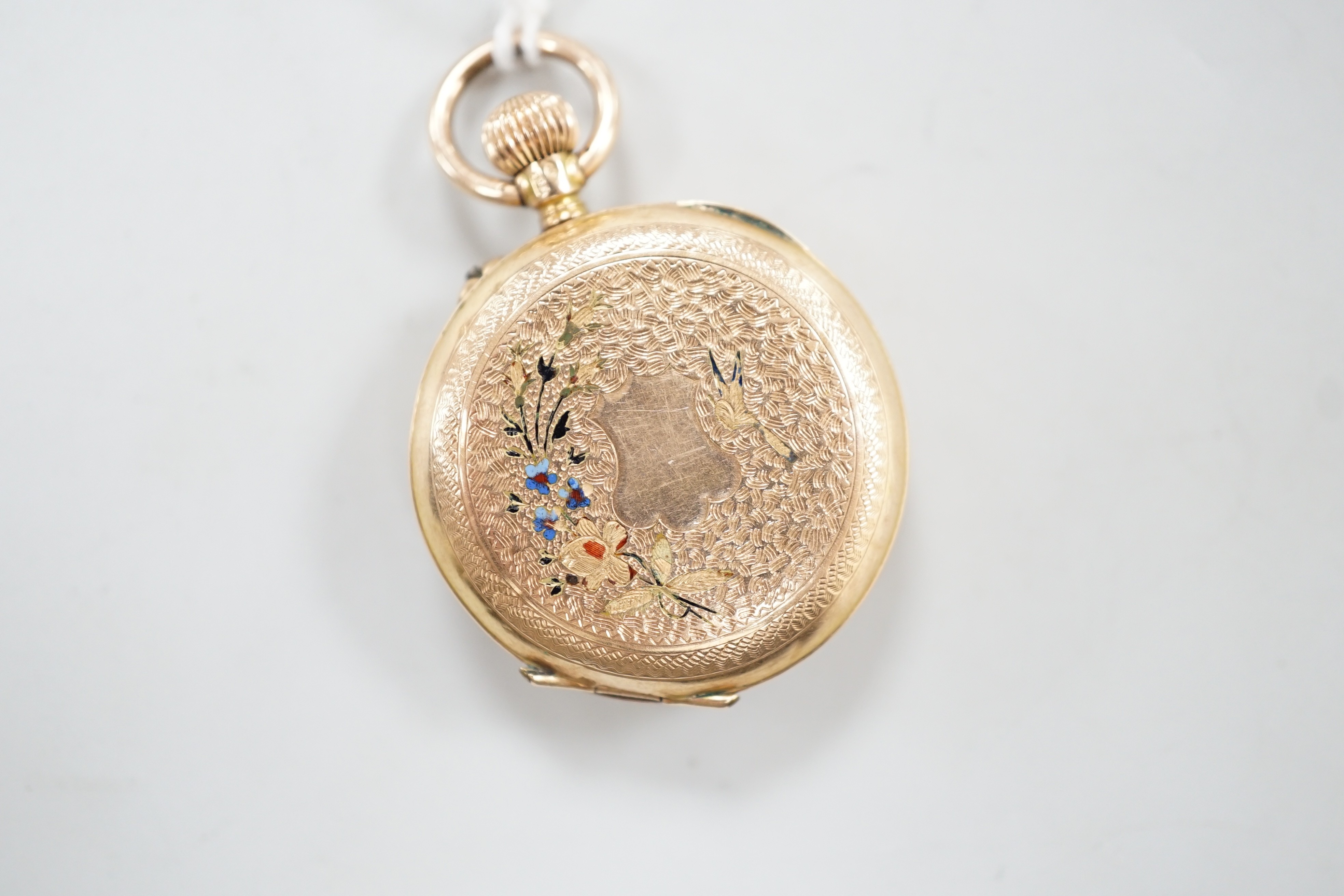 A yellow metal and enamelled fob watch, with gilt metal cuvette, 27mm, gross weight 18 grams.